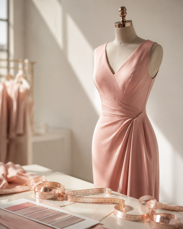 Tailored blush dress on a dress form beside a rose gold measuring tape