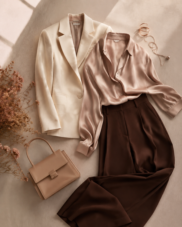 Editorial flat-lay of a minimalist quiet-luxury capsule wardrobe in cream, taupe and chocolate tones