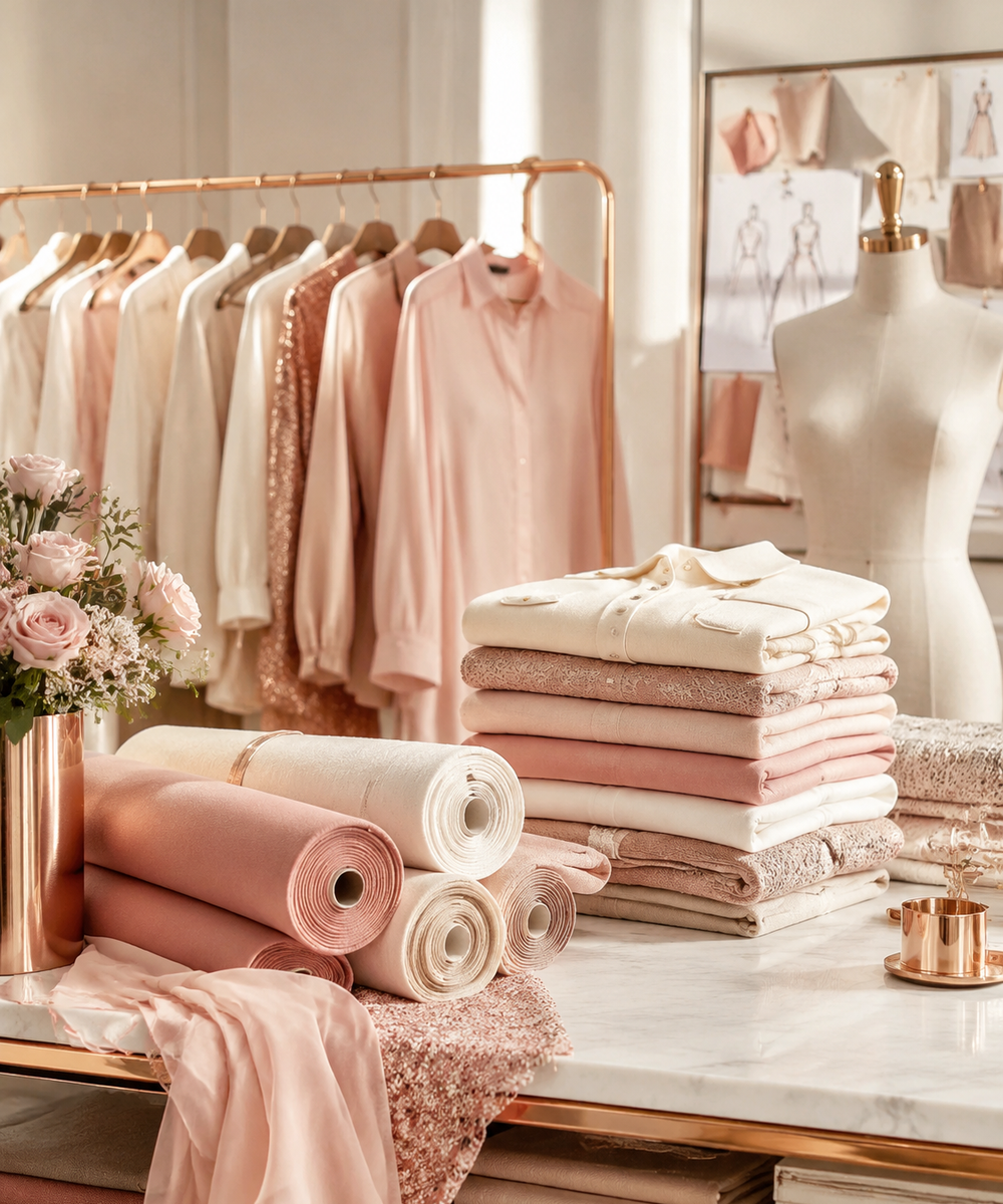 Neatly folded neutral garments stacked on an atelier work table