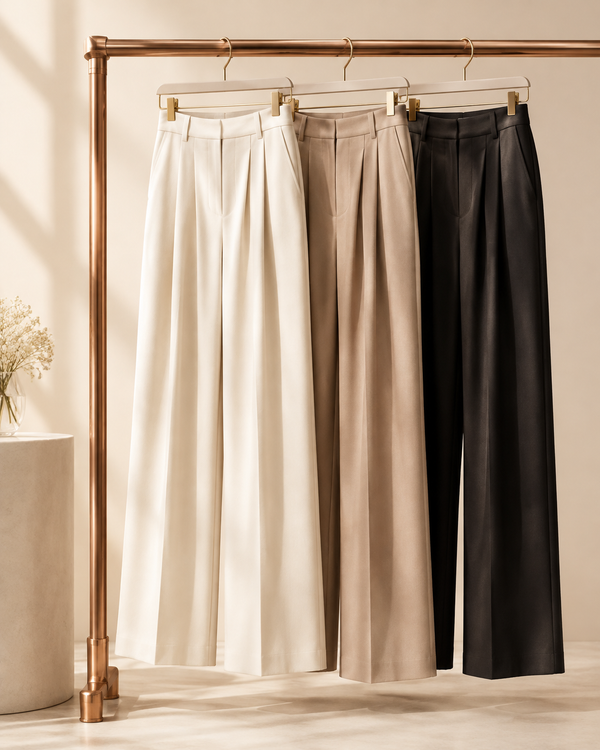 Pleated trousers on a rose-gold clothing rail with cream backdrop, womenswear editorial