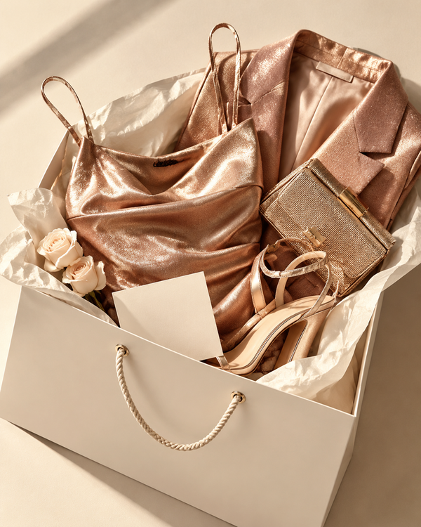 Shopping bag with rose-gold womenswear garments and a card, cream editorial flat-lay