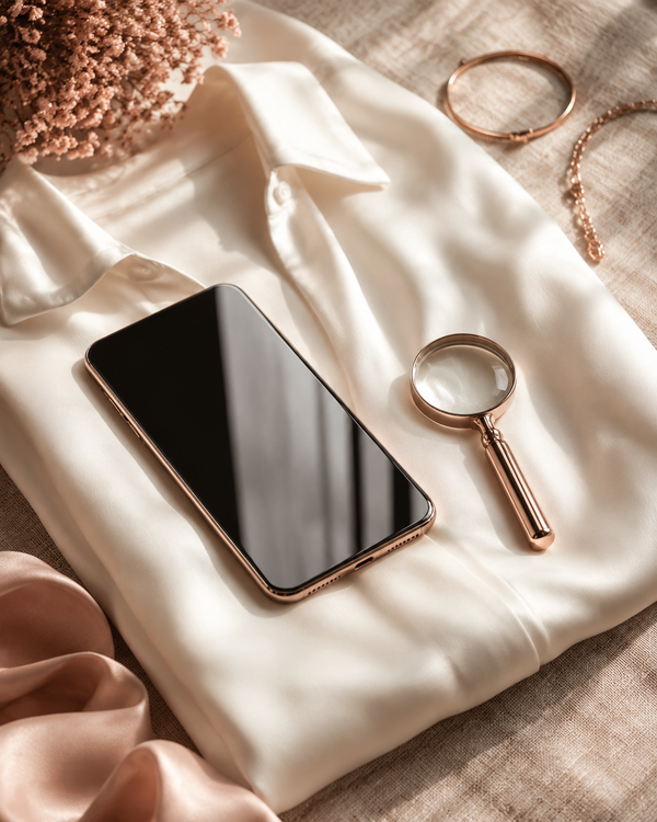 Smartphone and magnifying glass on a folded cream satin blouse with rose-gold accessories, editorial still life