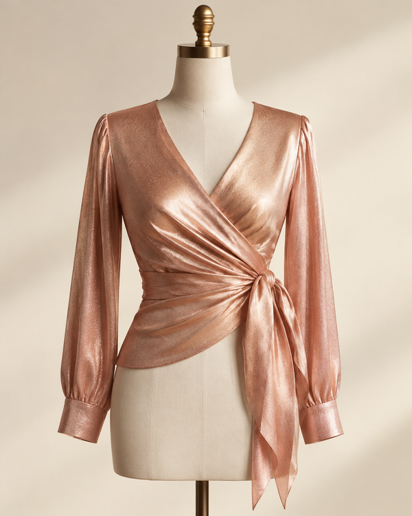 Rose-gold wrap top on a dress form, editorial studio, soft light