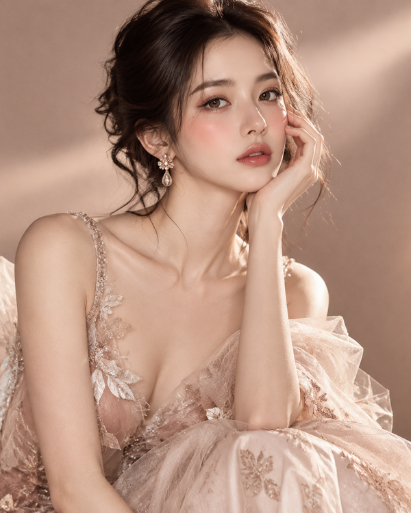 Woman styling a rose-gold and cream capsule wardrobe, editorial fashion photography