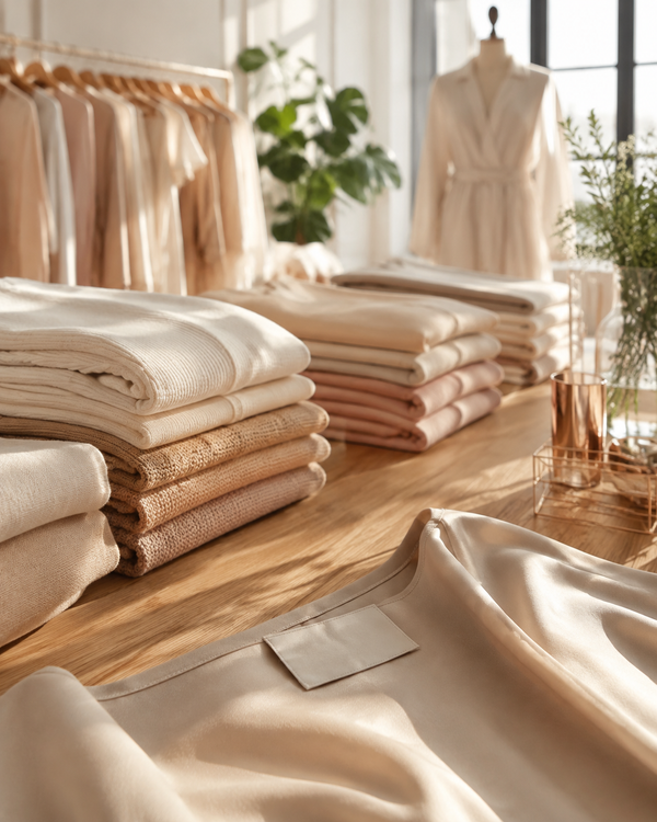 Folded neutral garments stacked in a bright minimalist atelier with a blank woven label