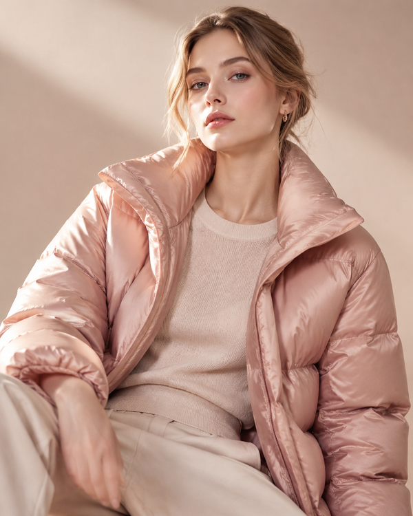Rose-gold and cream editorial of a minimalist down jacket and fine-knit tee, calm
