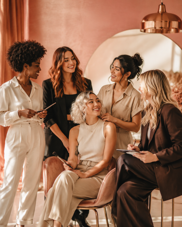 Group of diverse women stylists together in a warm rose-gold studio, candid editorial