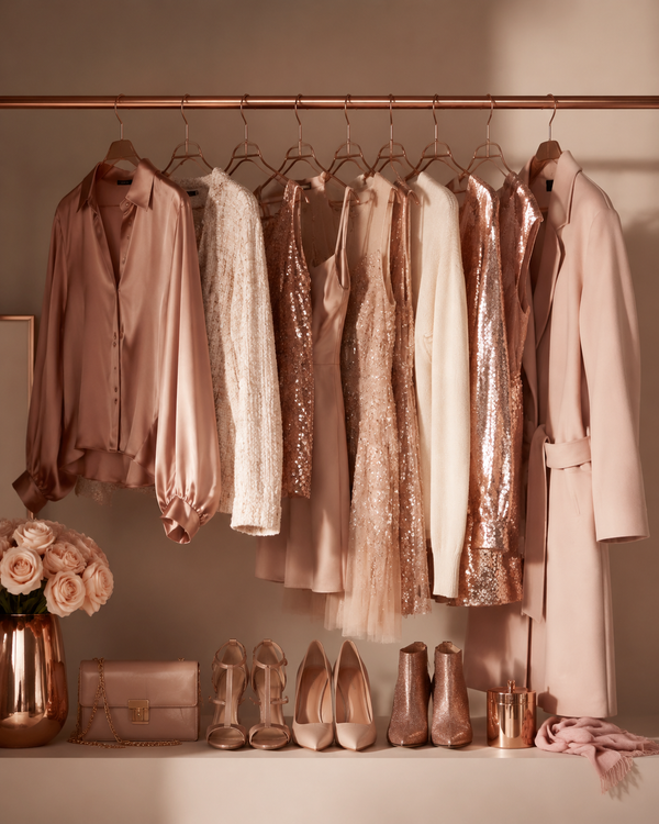 Rose-gold clothing rail holding a twelve-piece neutral capsule wardrobe