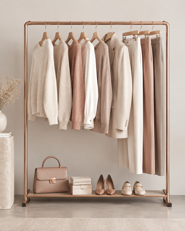 Minimalist capsule wardrobe rail with neutral knit and tailored trousers, rose-gold and cream tones