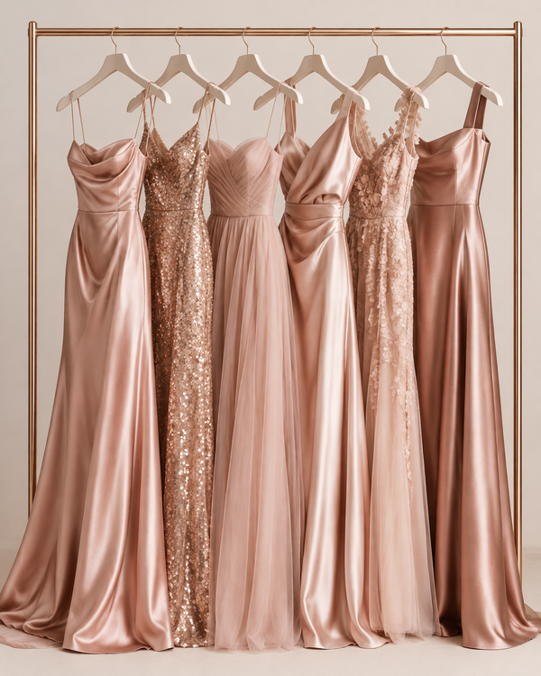 Rose-gold editorial of multiple dresses on hangers, return concept, blush and cream tones, clean studio