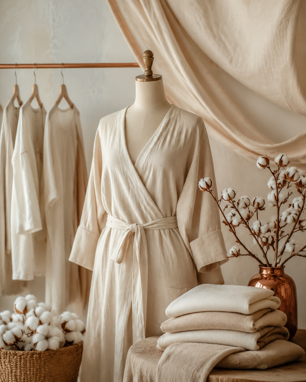 Cream slip dress on a dress form in a sunlit atelier with natural fabrics