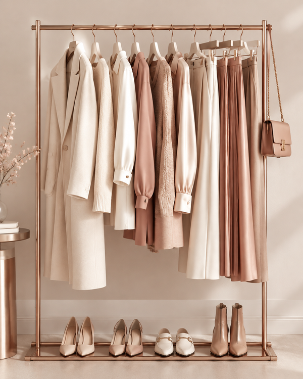 Neatly folded minimalist capsule wardrobe on a hanger, rose-gold and cream editorial