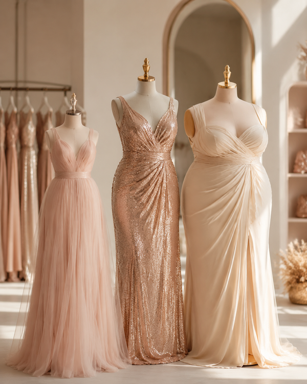 Three dress forms of different sizes draped in blush, rose gold and cream dresses