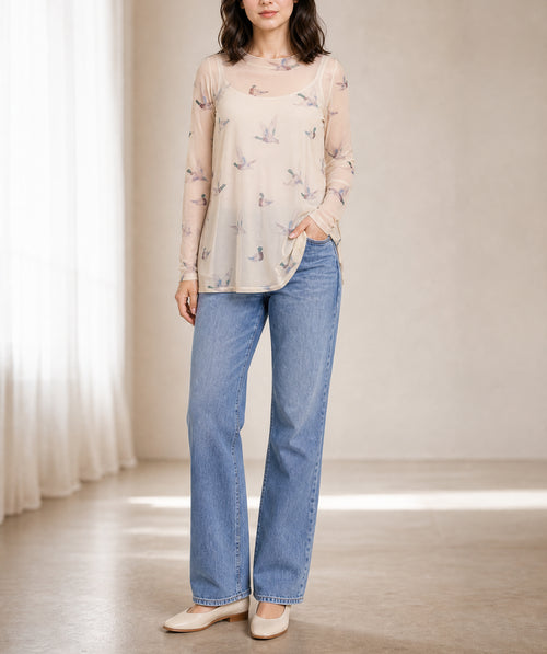 Beige Mesh Duck Print Tunic Long Sleeve Plus Size Blouse