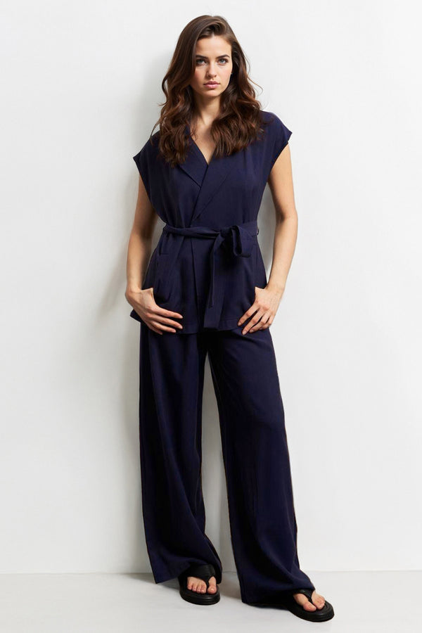 Notch Lapel Cap Sleeve Waist Tie Blazer Top & Wide Leg Trousers Co-ord - Nave