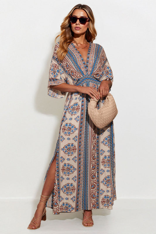 Classy Allover Print Batwing Sleeve Side Slit Maxi Dress - BEIGE