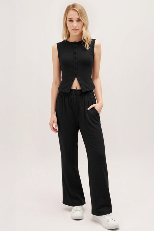 Leisure Round Neck Button Tank Top & Stretchy Trousers Co-ord - Black