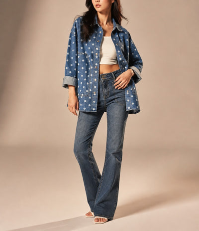 Blue Polka Dot Long Sleeve Collar Shift Tunic Denim Jacket