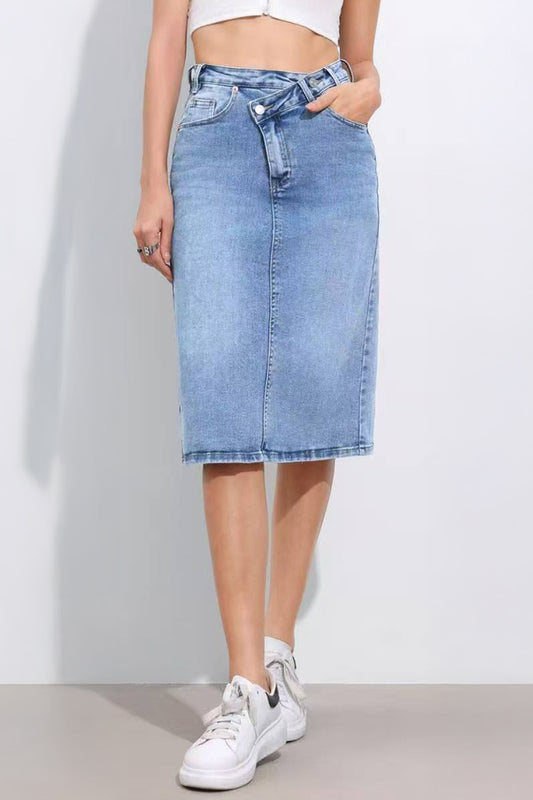 Versatile High Waist Multi-Pocket Asymmetric Button Denim Skirt - Blue 2