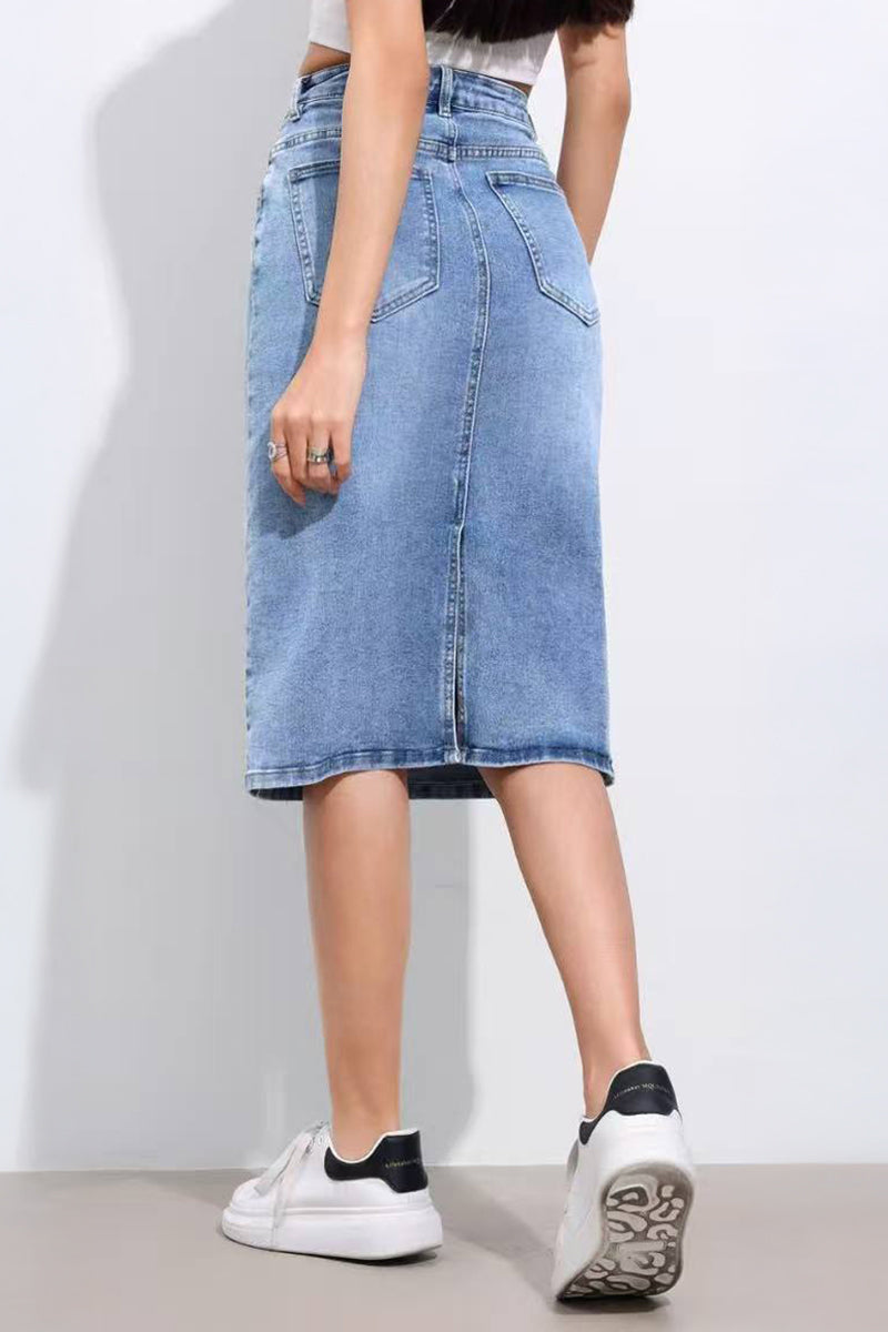 Versatile High Waist Multi-Pocket Asymmetric Button Denim Skirt - Blue 3