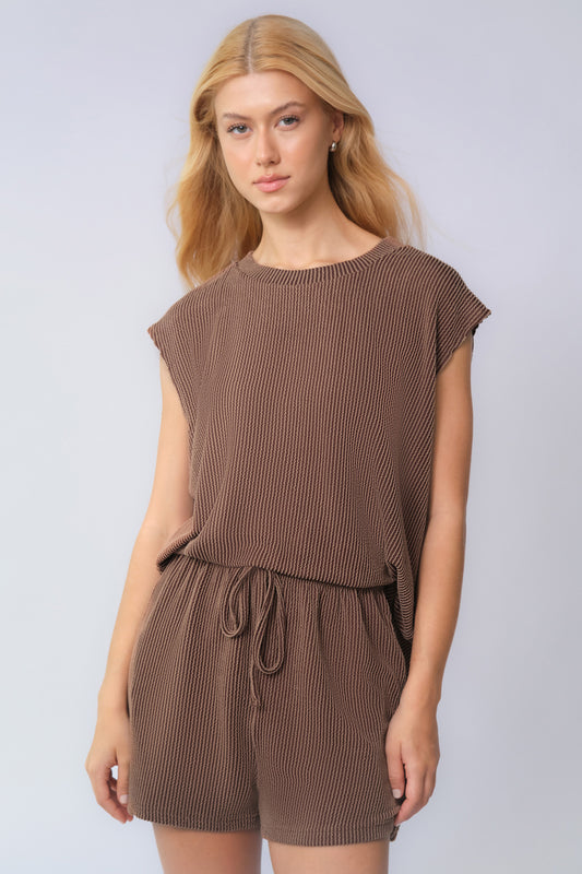 Pinstripe Cap Sleeve Loose Top & Drawstring Decor Shorts Co-ord - Beige 2