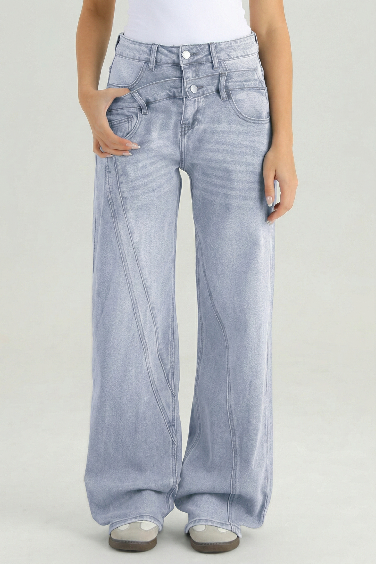 PHEFEE Street Style Versatile High Waist Wide Leg Stretch Jeans - LIGHTWASH