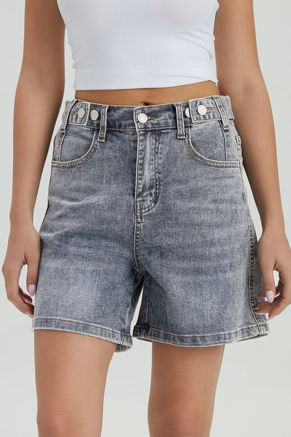 PHEFEE Women's Chic High Waist Adjustable Button Multi-Pocket Denim Shorts, Versatile Women's Stretch Bottom, Street Womenswear, Chic Bermuda Shorts - Light Blue