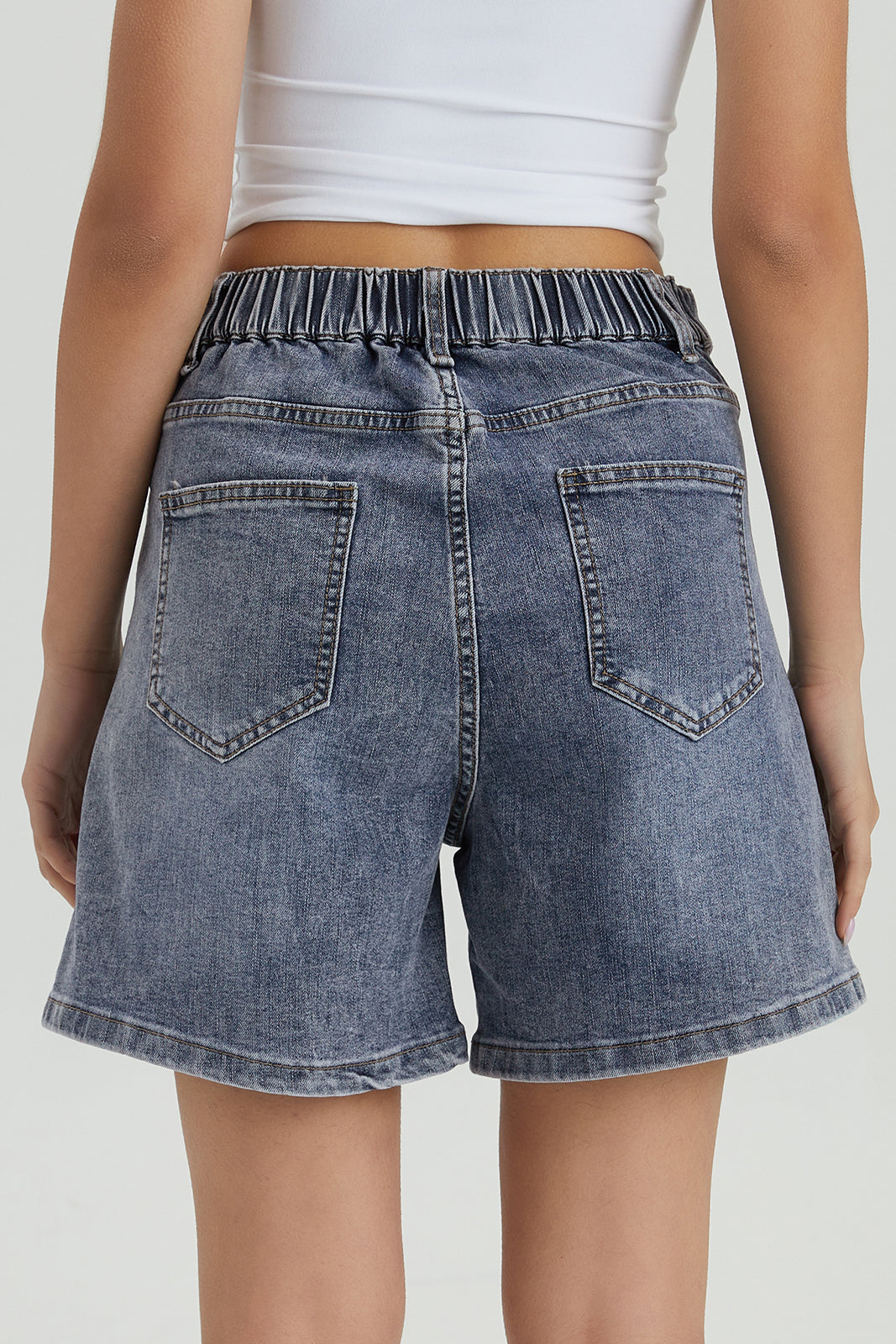 PHEFEE Women's Chic High Waist Adjustable Button Multi-Pocket Denim Shorts, Versatile Women's Stretch Bottom, Street Womenswear, Chic Bermuda Shorts - Washed Blue