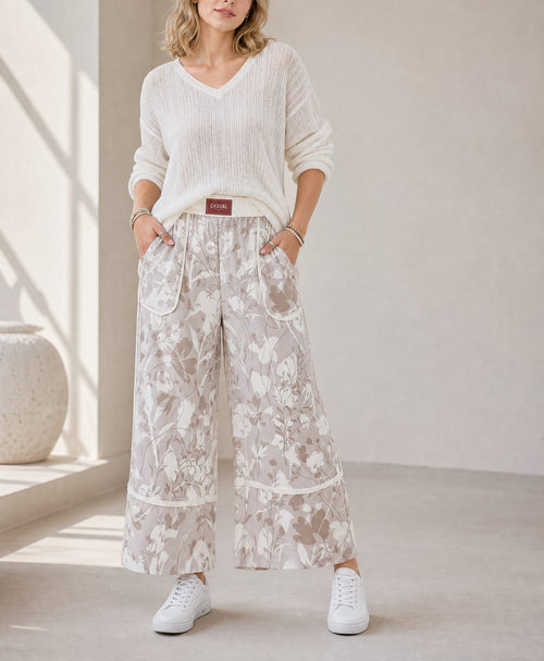 Gray Floral Camo Print Contrast Trim Plus Size Loose Pants