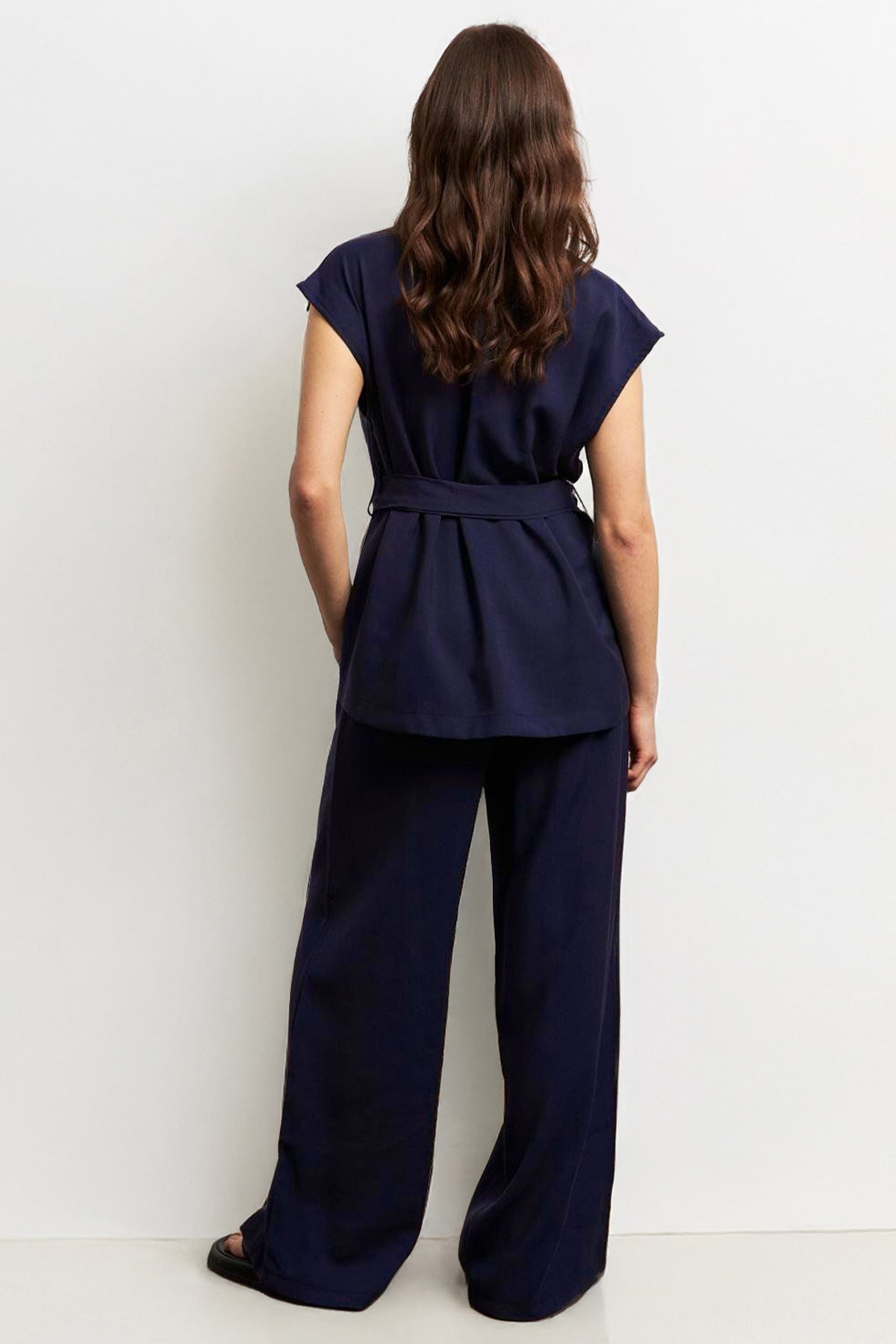 Notch Lapel Cap Sleeve Waist Tie Blazer Top & Wide Leg Trousers Co-ord - Nave 2