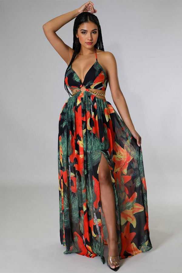Vibrant Deep V Adjustable Halter Floral Print High Split Maxi Dress - Green