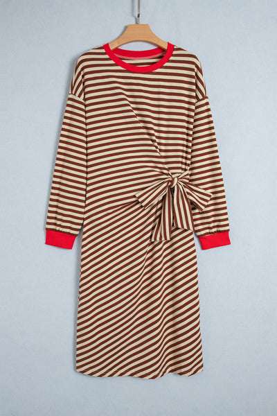 Brown Stripe Striped Colorblock Cuffs Round Neck Long Sleeve Shift Dress