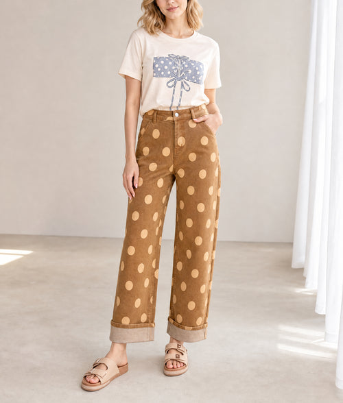 Sky Blue Polka Dot Ankle-Length Metal Button Casual Jeans