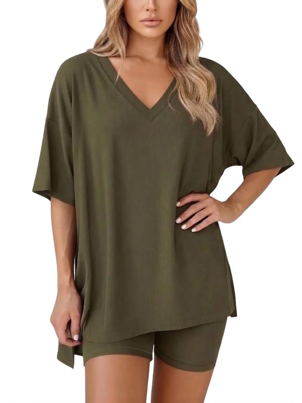 HUOHULI V-Neck Army Green Loungewear Set