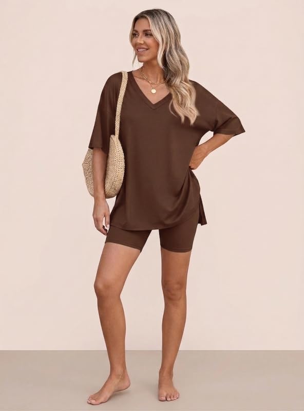 HUOHULI V-Neck Coffee Loungewear Set - View 5