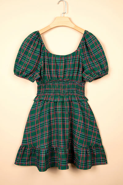 Green Plaid Shirred U Neck Short Sleeve Mini Dress