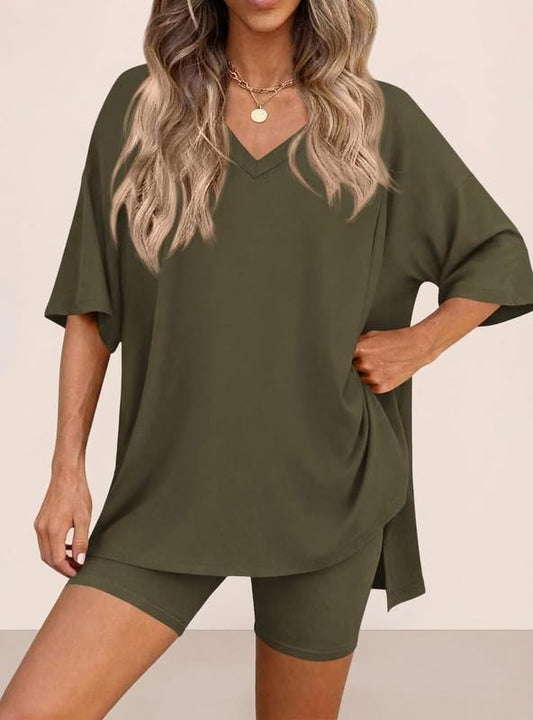 HUOHULI V-Neck Army Green Loungewear Set - View 2