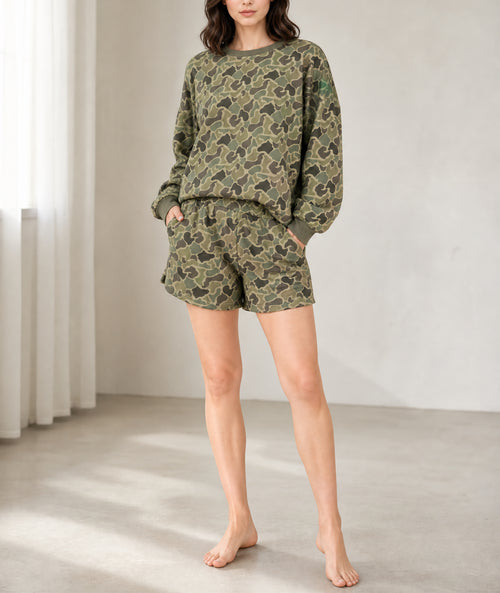 Green Camouflage Print Waffle Textured Pullover and Shorts Plus Size 2pcs Set