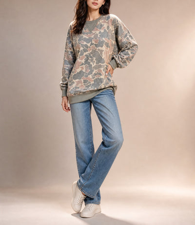 Multicolour Camo Print Ribbed Trim Casual Pullover Sweatshirt