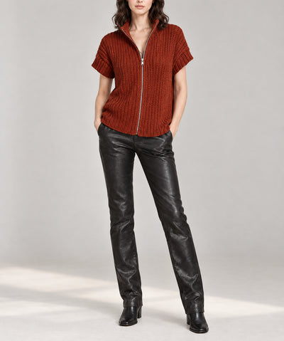 Cinnamon Solid Color Short Sleeve Zipper Knit High Neck Sweater