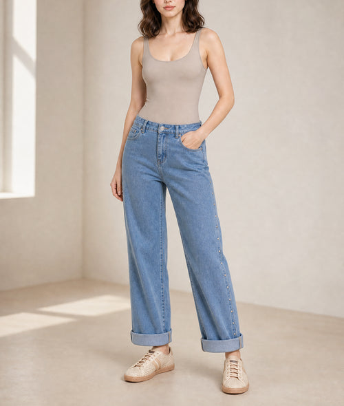 Dusk Blue Side Seam Rivet Detail Ankle Length Casual Jeans