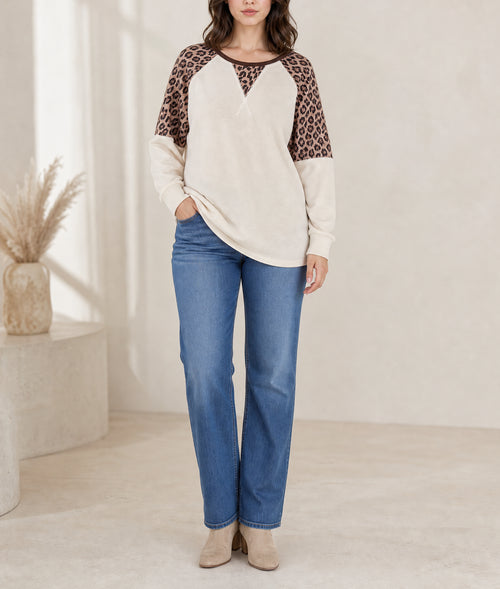 Beige Leopard Print Colorblock Round Neck Long Sleeve Plus Size Blouse