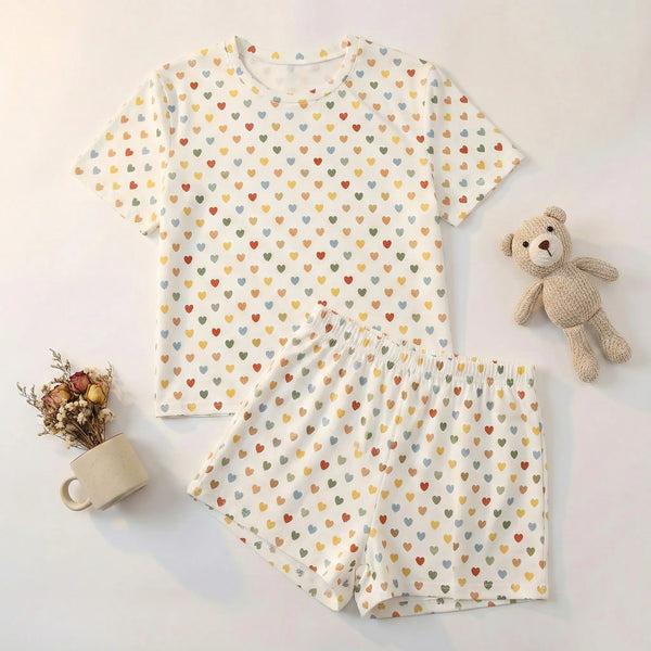 HUOHULI Pink Bow Heart Print Pajama Set - Main