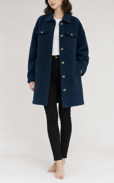 Beige Contrast Flap Pocket Single Breasted Teddy Coat