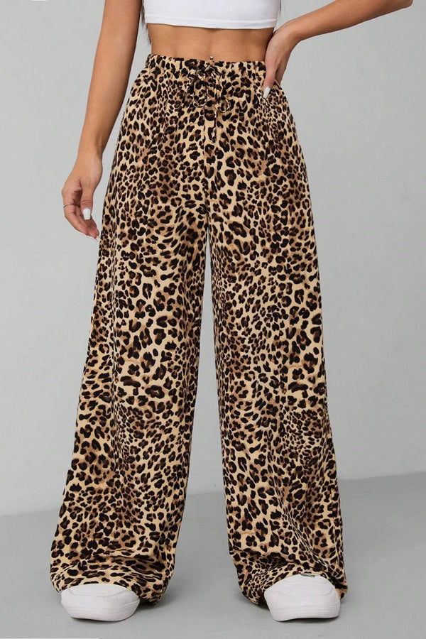 High Waist Leopard Print Drawstring Decor Wide Leg Trousers - YELLOWLEOPARDPRINT