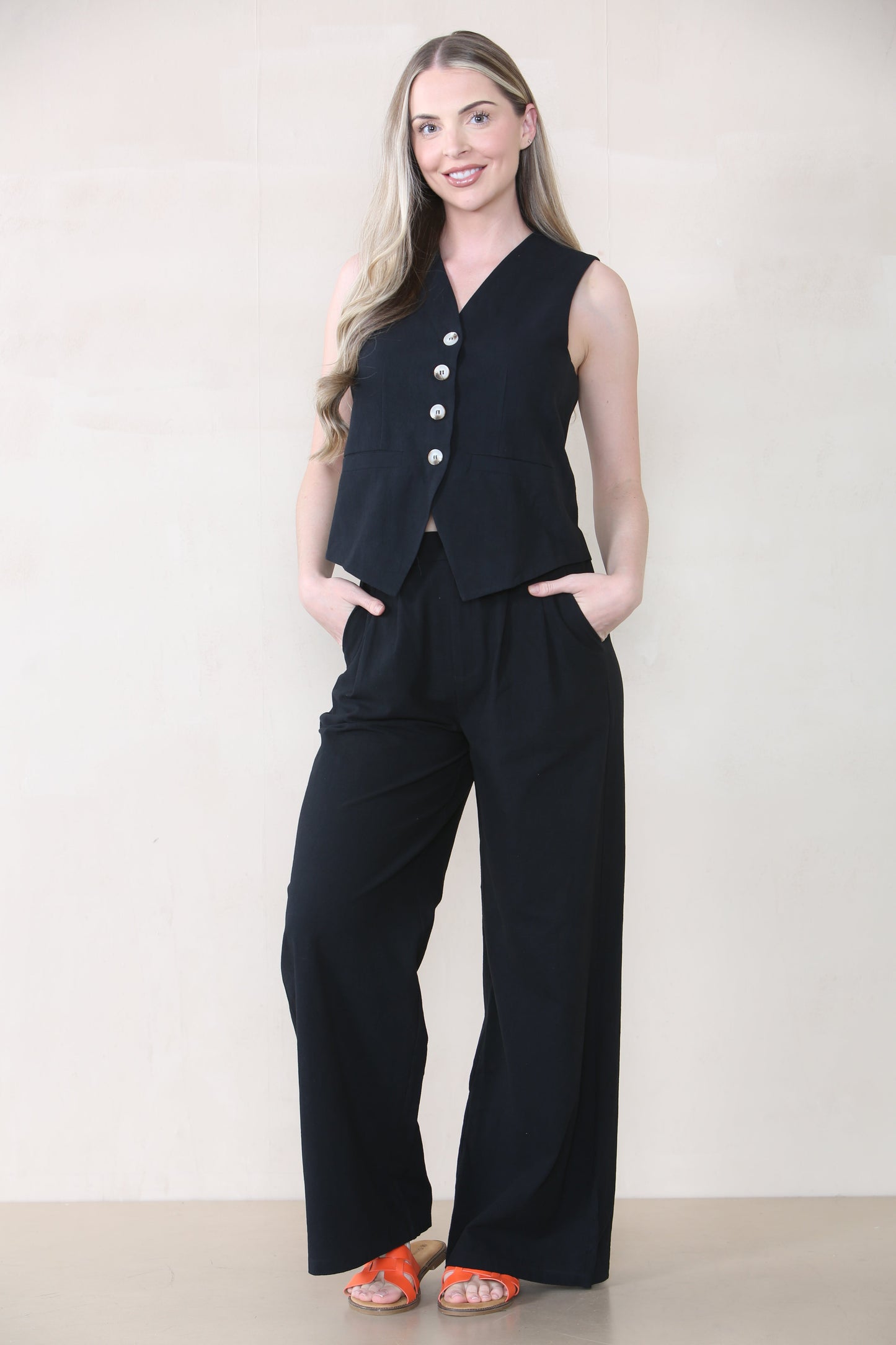 Commuter V Neck Sleeveless Button Top & Wide Leg Trousers Co-ord - Black