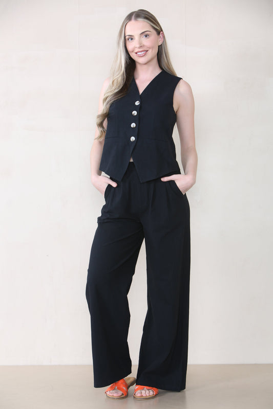 Commuter V Neck Sleeveless Button Top & Wide Leg Trousers Co-ord - Black