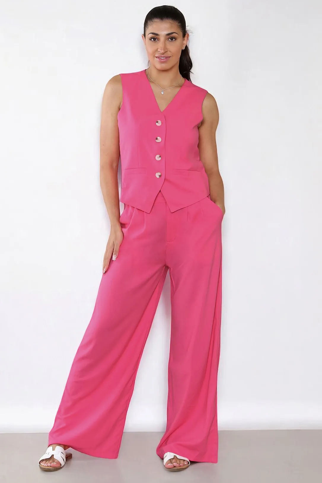 Summer Plain V-Neck Sleeveless Button Tank & Suiting Pants Co-ord - Beige 2