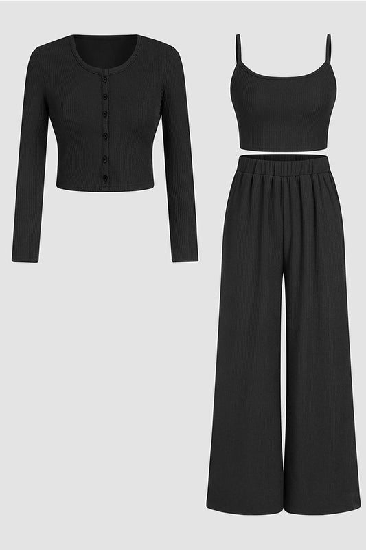 Minimalist Slim Camisole & High-Waist Trousers with Long-Sleeve Cardigan 3-Piece Set Co-ords - Black