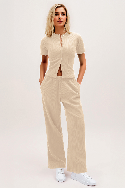 Casual Short Sleeve Button Slim Top & Wide Leg Trousers Co-ord - Beige